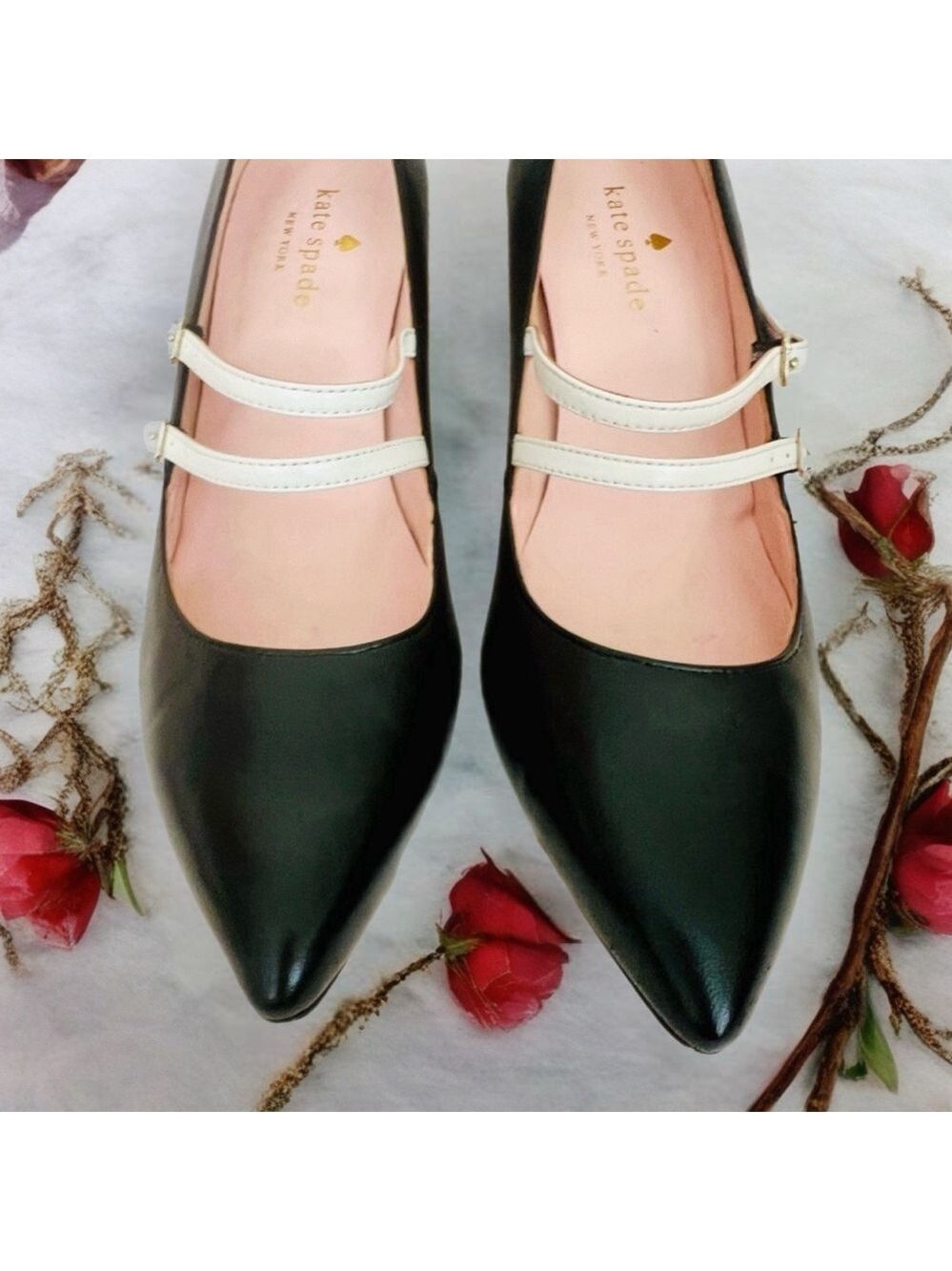 🎉HP🥳 Kate Spade Elpetha Heels in Black w/ Black Sparkle Heel & Cream Dbl Strap - Picture 12 of 16